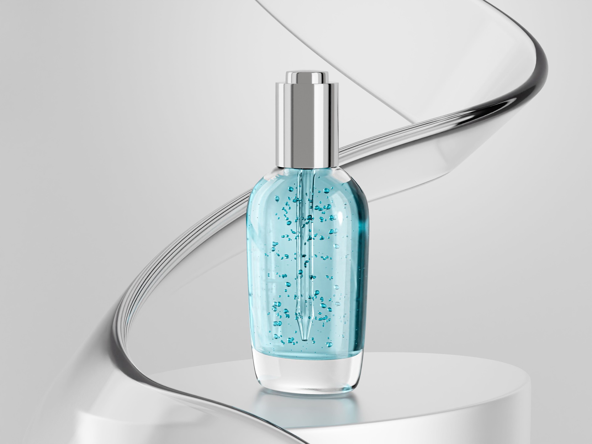 Water drop shape serum bottle mockup, oval shape pipette dropper bottle standing on podium, luxury skincare packaging, 50 ml liquid dropper cosmetic bottle and abstract watery flow background